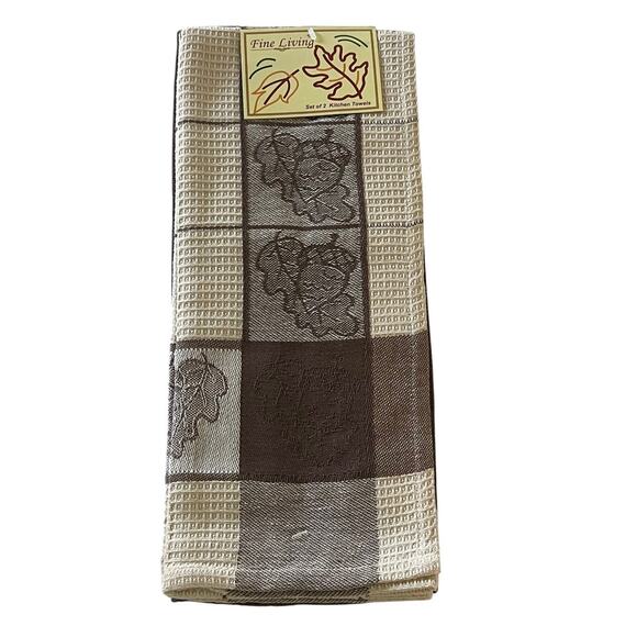 Fine Living Kitchen Towels Set of 2 100% Cotton Brown Fall Leaves Waffle Weave - Picture 1 of 4